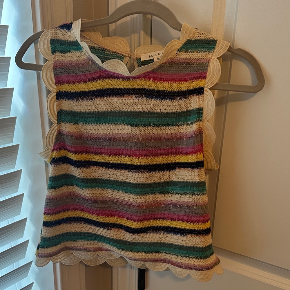 Anthropologie blue tassel brand M Striped Sleeveless Knit Top